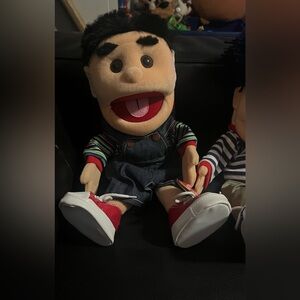 Striped Shirt Puppet with Denim Overalls